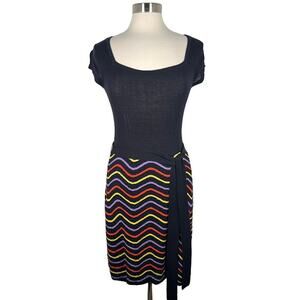 Milly Women's A-Line Dress S Black Multi Stripe Crocheted Knit Skirt Tie Waist